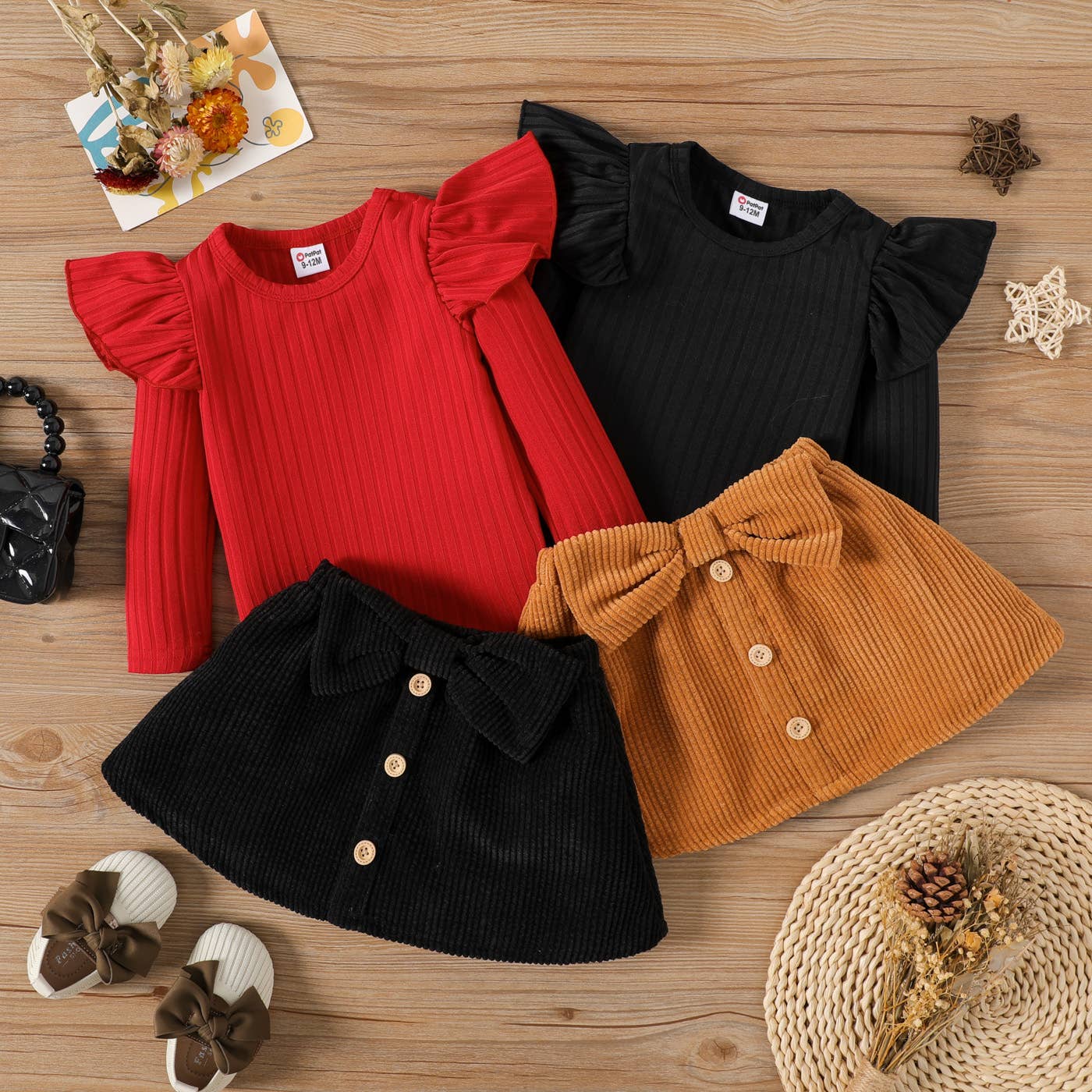 2pcs Baby Girl Rib Knit Ruffled Top and Corduroy Skirt Set