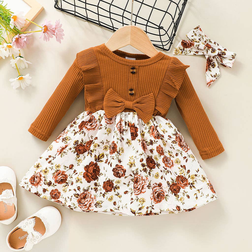 2pcs Baby Solid Long sleeve Floral Dress Set