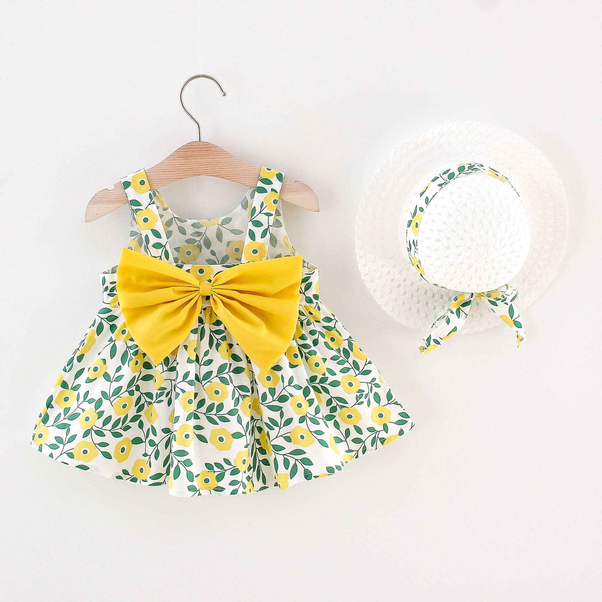 2pcs Floral Print Bowknot Sleeveless Baby Dress