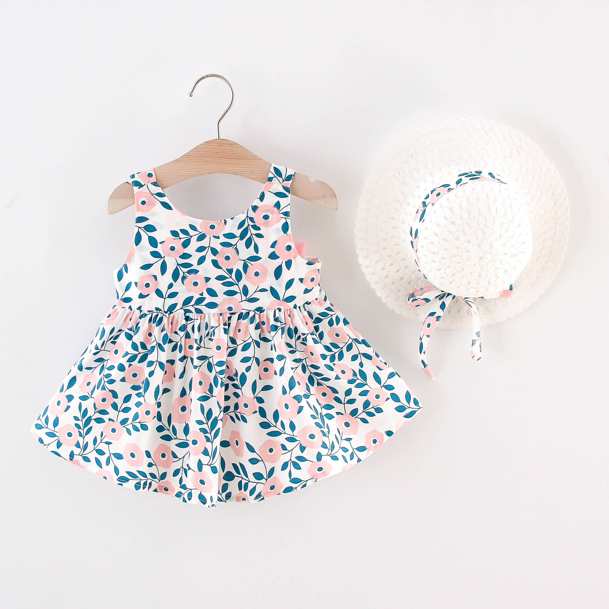 2pcs Floral Print Bowknot Sleeveless Baby Dress - Image 13