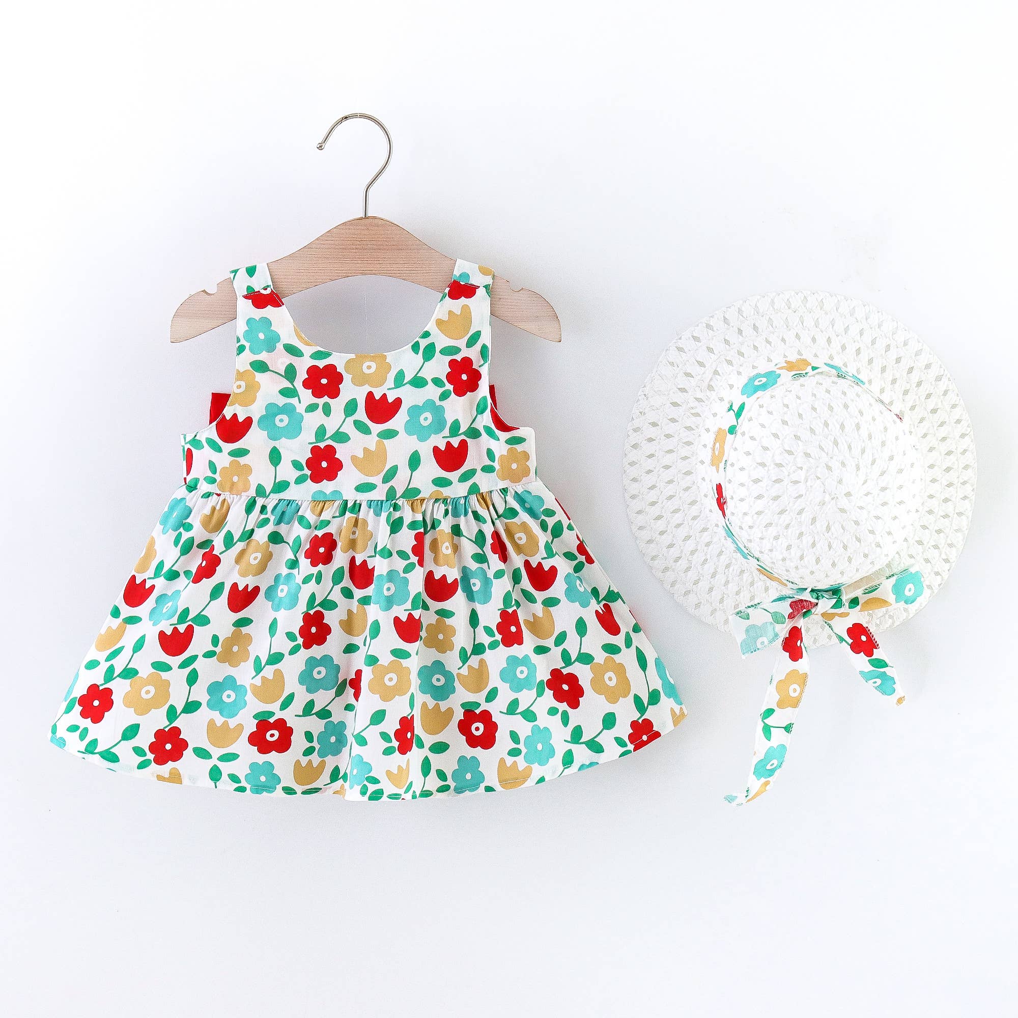2pcs Floral Print Bowknot Sleeveless Baby Dress - Image 14