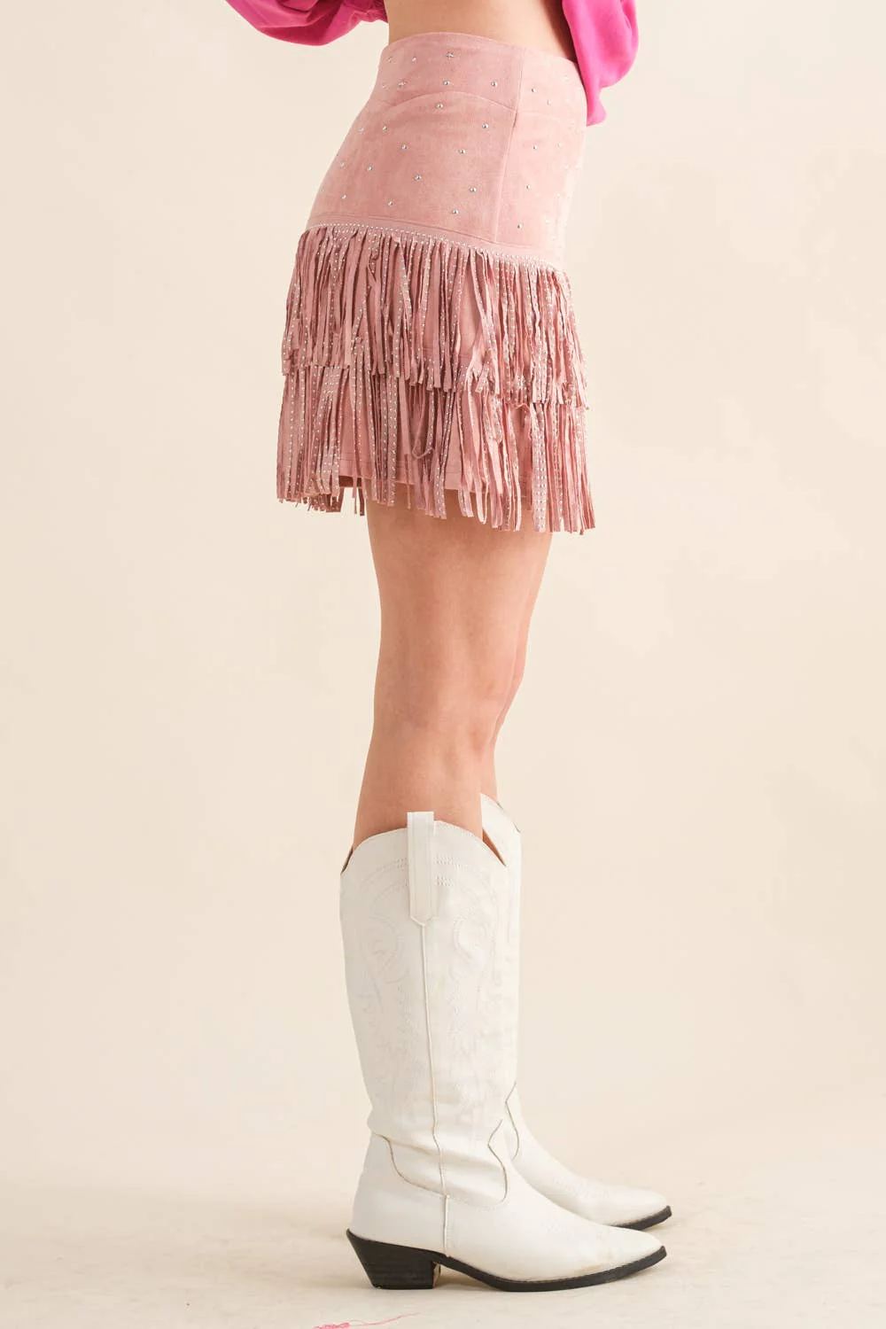 32932S - Suede Star Silver Studded Tiered Fringe Mini Skirt - Image 2