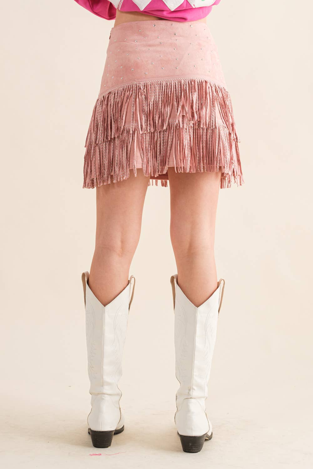 32932S - Suede Star Silver Studded Tiered Fringe Mini Skirt - Image 3
