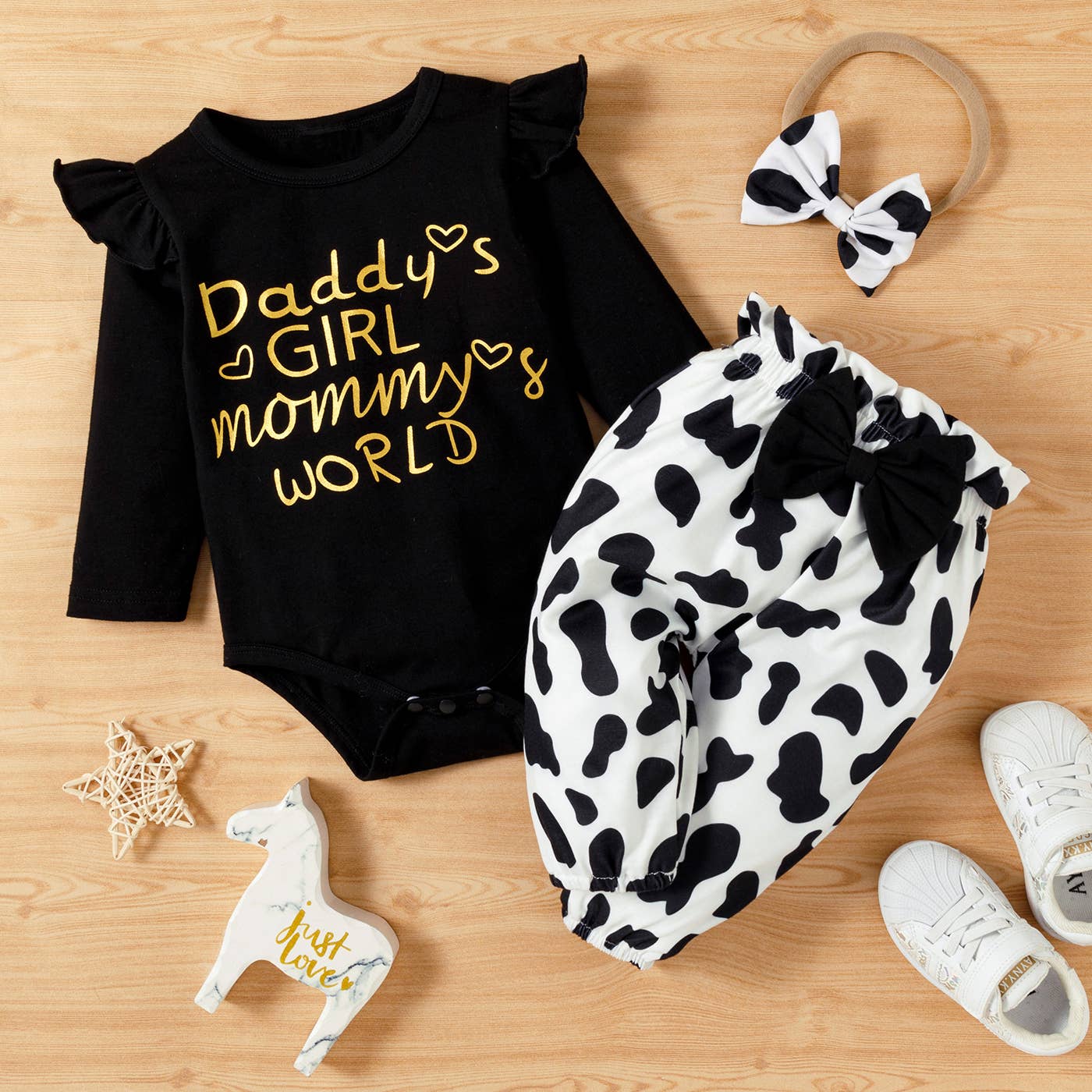 3pcs Baby Girl and Cow Print White Romper and Trousers Set - Image 2