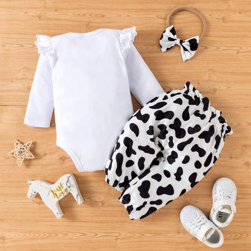 3pcs Baby Girl and Cow Print White Romper and Trousers Set - Image 3