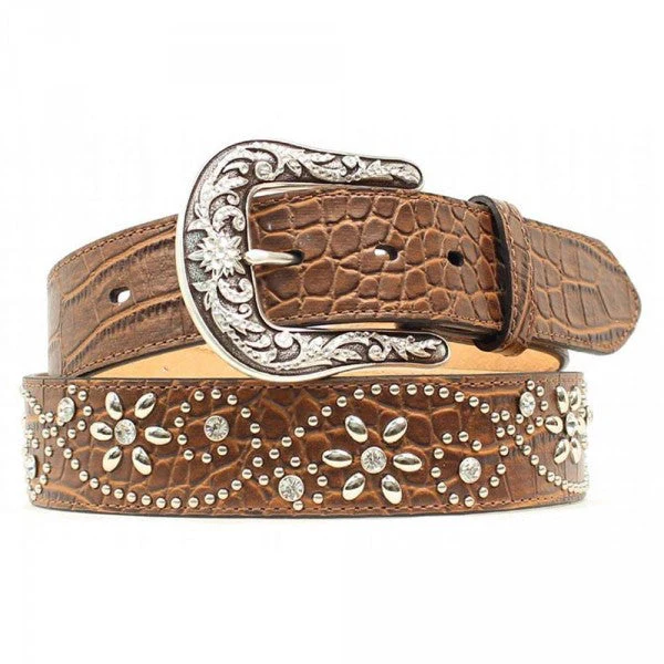 MF Western Ariat Womens Croc Print Studs Crystals Brown Leather Belt Style A1510602