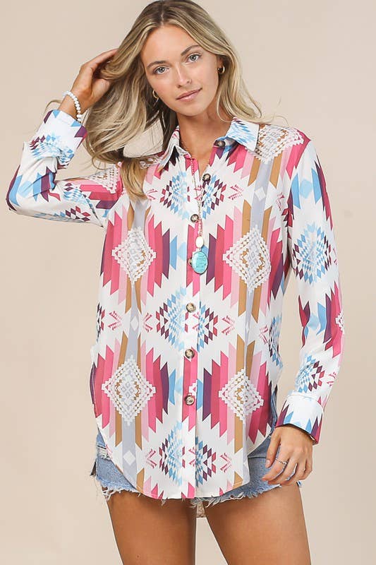 AV1229-TINA AZTEC PRINT WOVEN BUTTON-DOWN SHIRT - Image 2