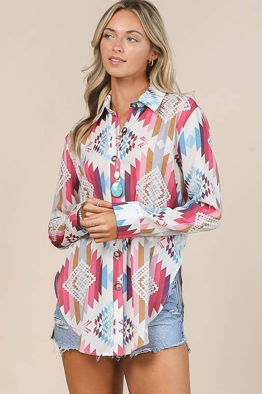 AV1229-TINA AZTEC PRINT WOVEN BUTTON-DOWN SHIRT - Image 3