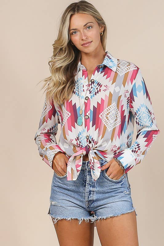 AV1229-TINA AZTEC PRINT WOVEN BUTTON-DOWN SHIRT - Image 5