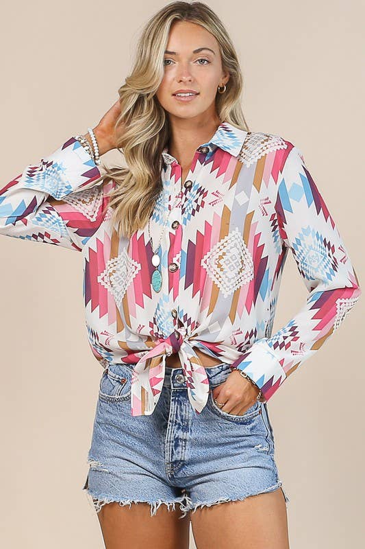 AV1229-TINA AZTEC PRINT WOVEN BUTTON-DOWN SHIRT - Image 7