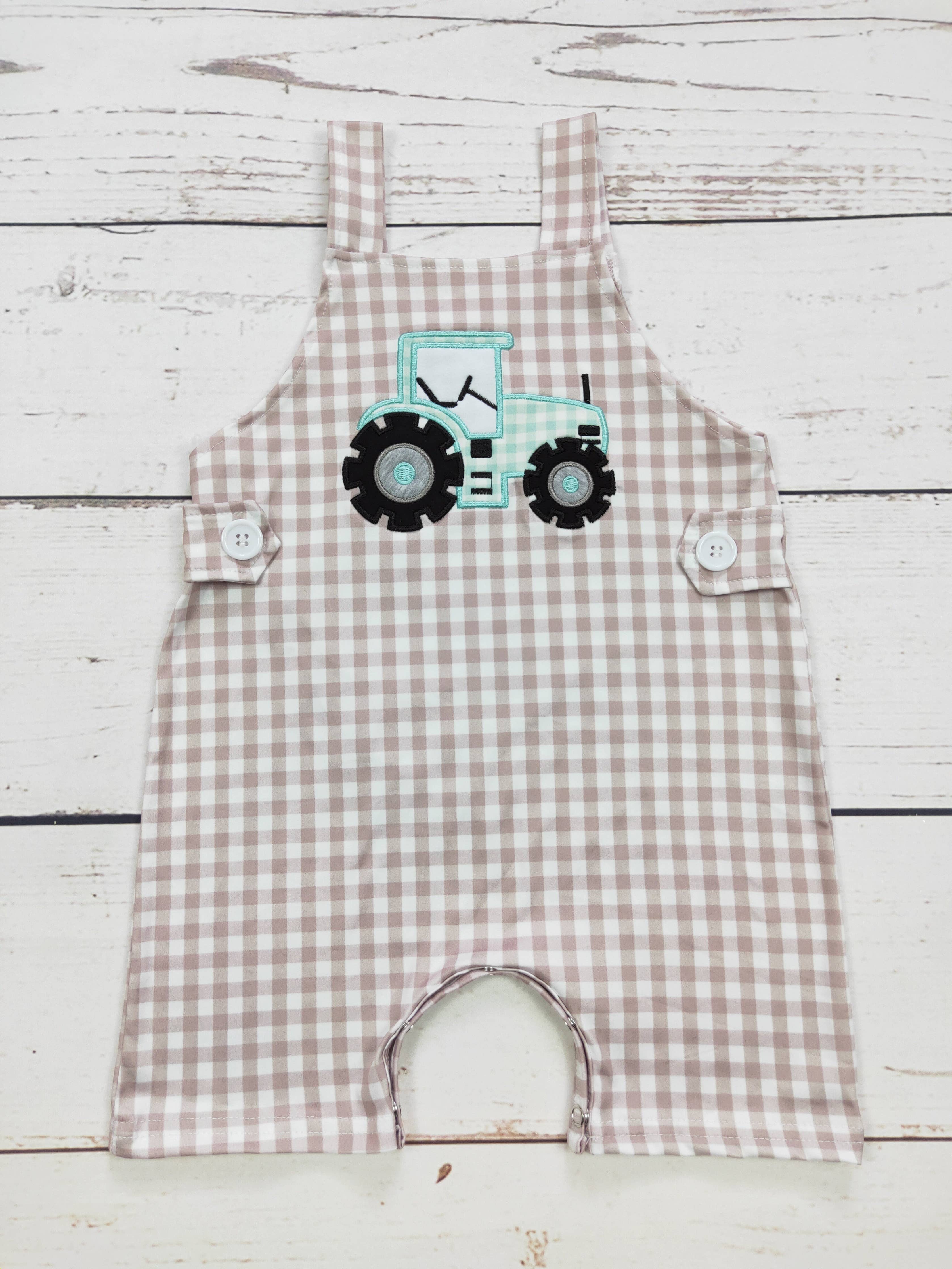 Baby Boy Tractor Appliqué Checkered Romper - Image 2