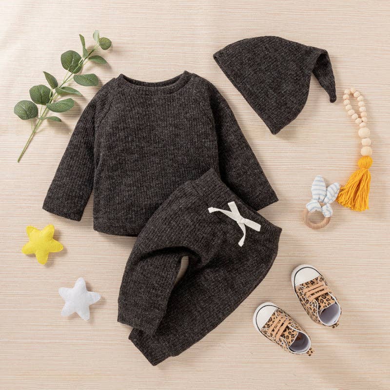 Baby BoyGirl 3pcs Solid Ribbed Long-sleeve and Trouser Set - Image 5