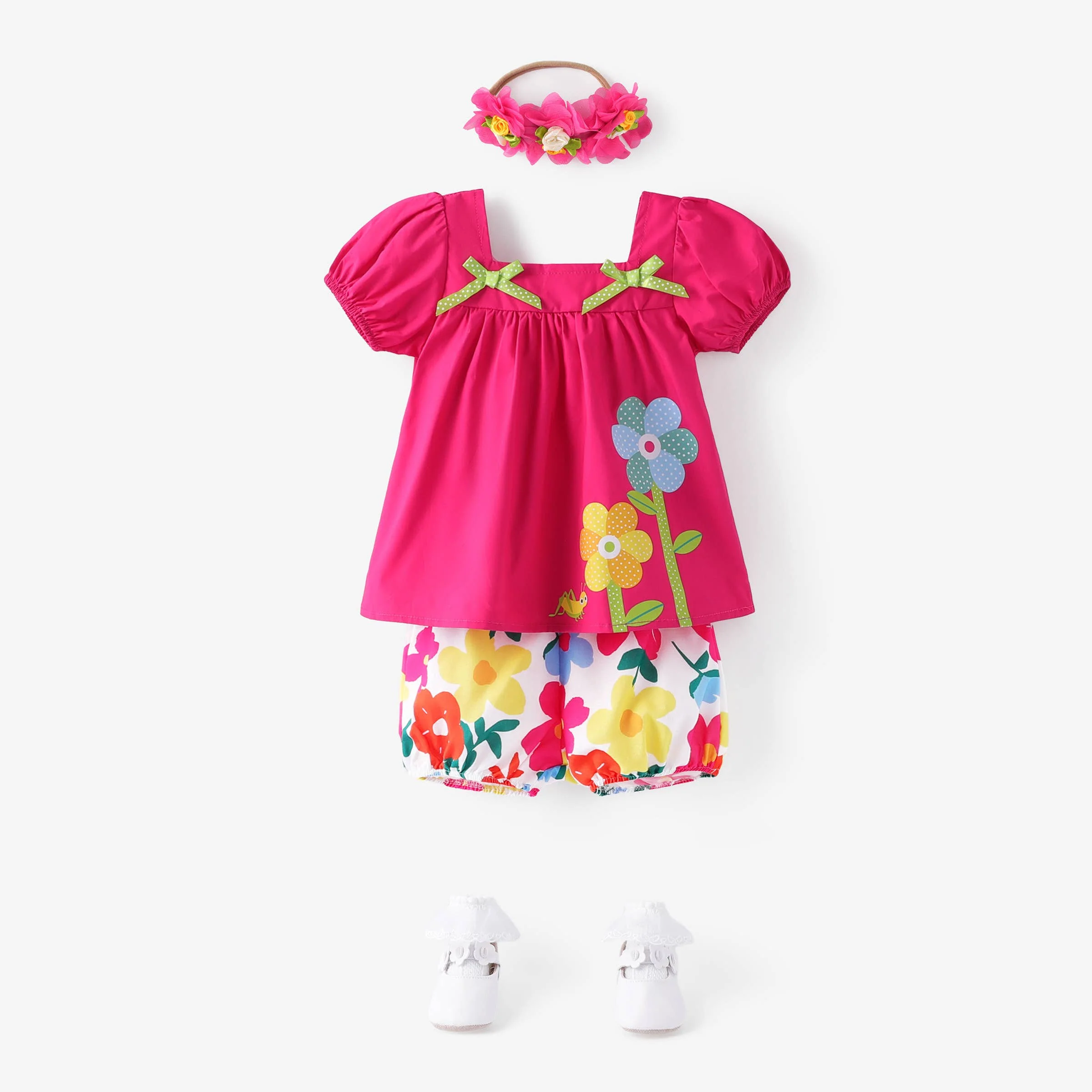 Baby Girl 2pcs Big Flower Top & Shorts/ Headband/Socks/Shoes - Image 2
