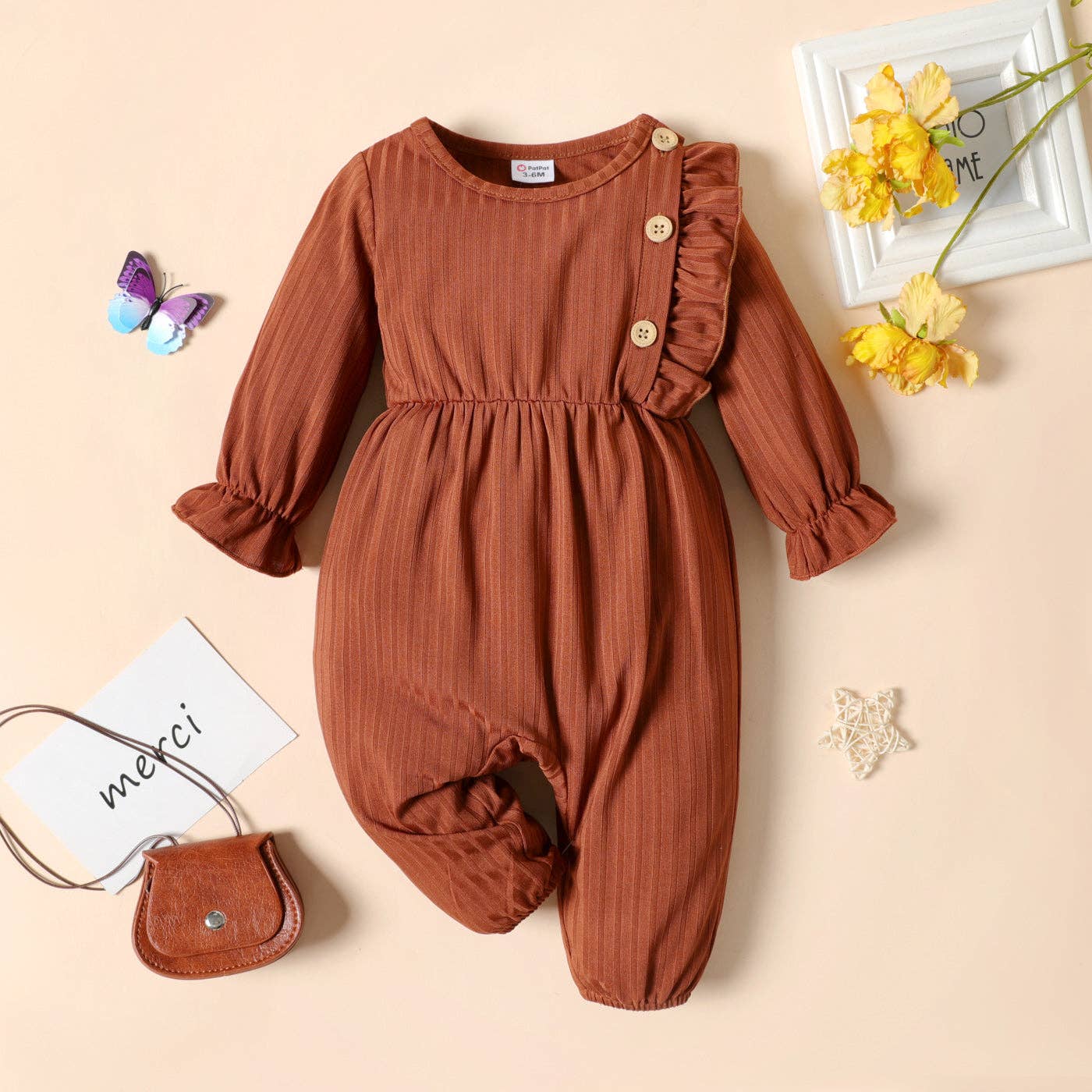 Baby Girl Brown/White Butterfly Long-sleeve Ruffle Jumpsuit - Image 2