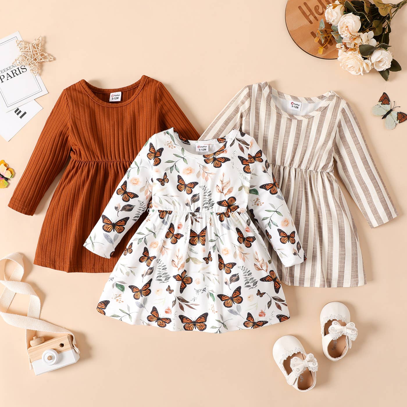 Baby Girl Ribbed BrownWhite Butterfly Long-sleeve Dress