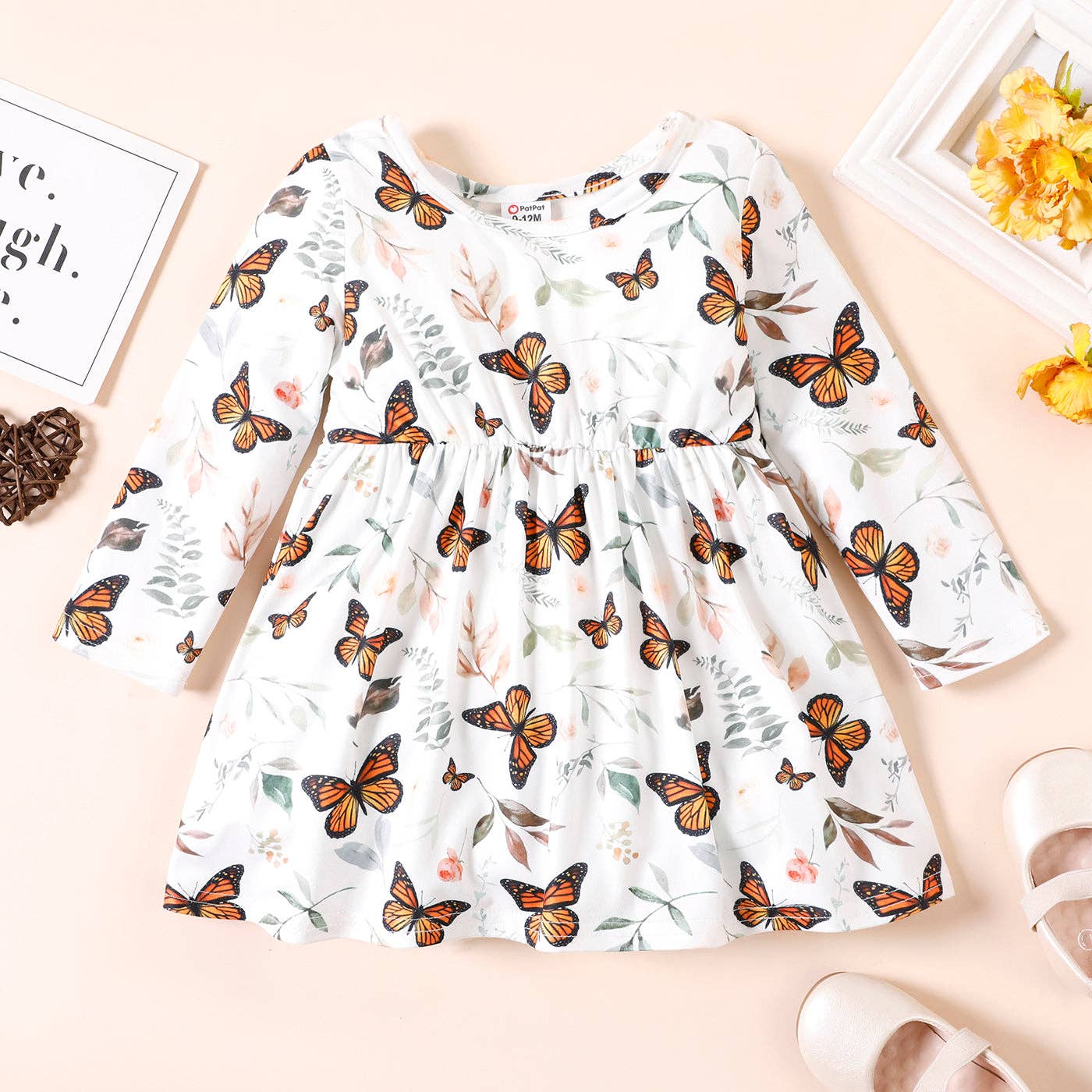 Baby Girl Ribbed BrownWhite Butterfly Long-sleeve Dress - Image 2