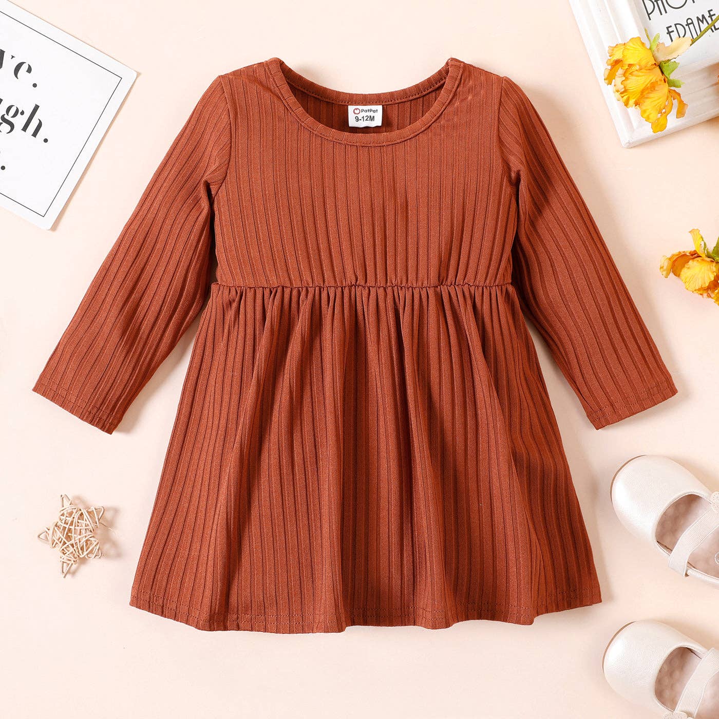 Baby Girl Ribbed BrownWhite Butterfly Long-sleeve Dress - Image 3