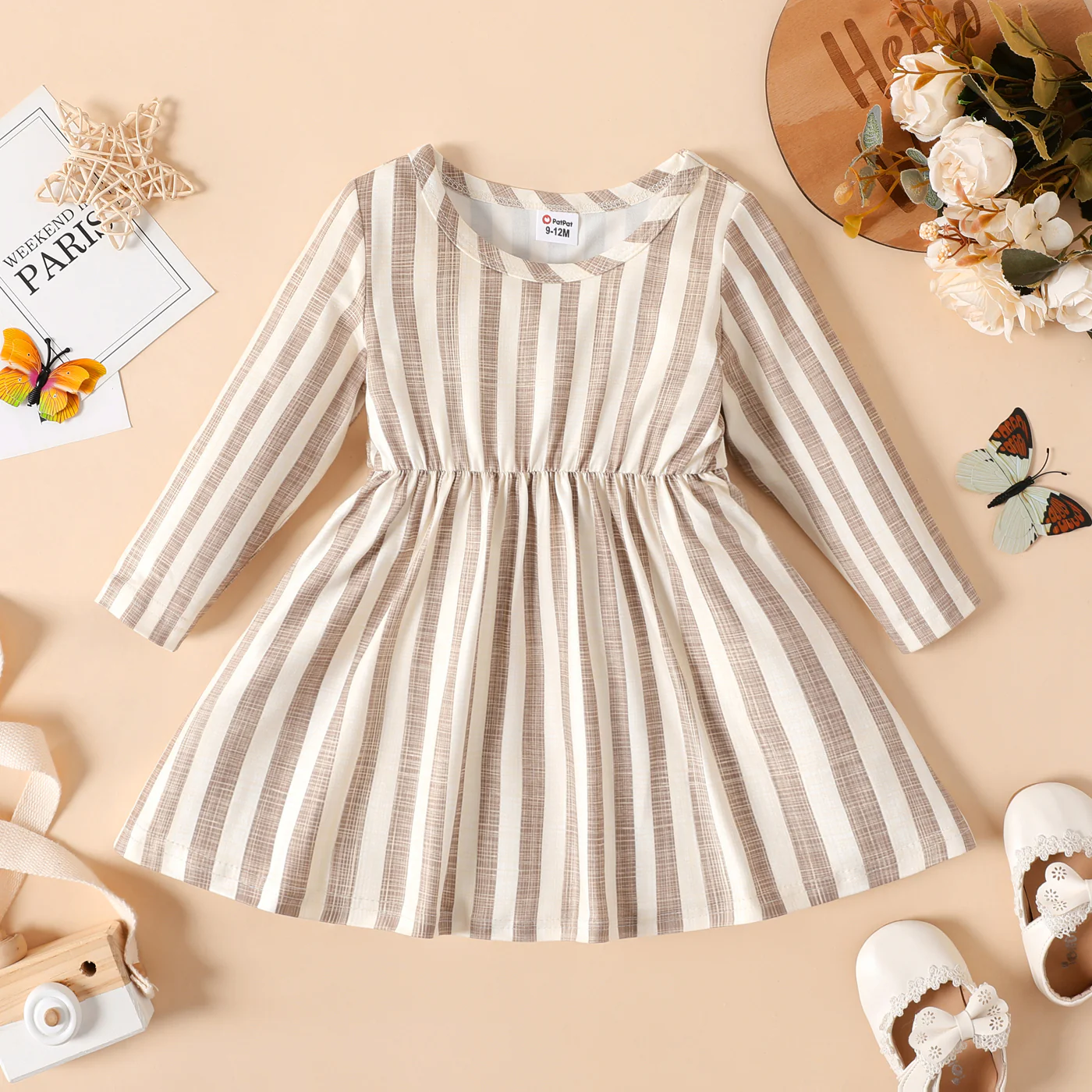 Baby Girl Ribbed BrownWhite Butterfly Long-sleeve Dress - Image 4