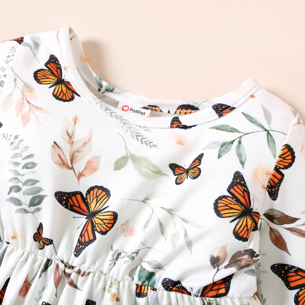 Baby Girl Ribbed BrownWhite Butterfly Long-sleeve Dress - Image 8