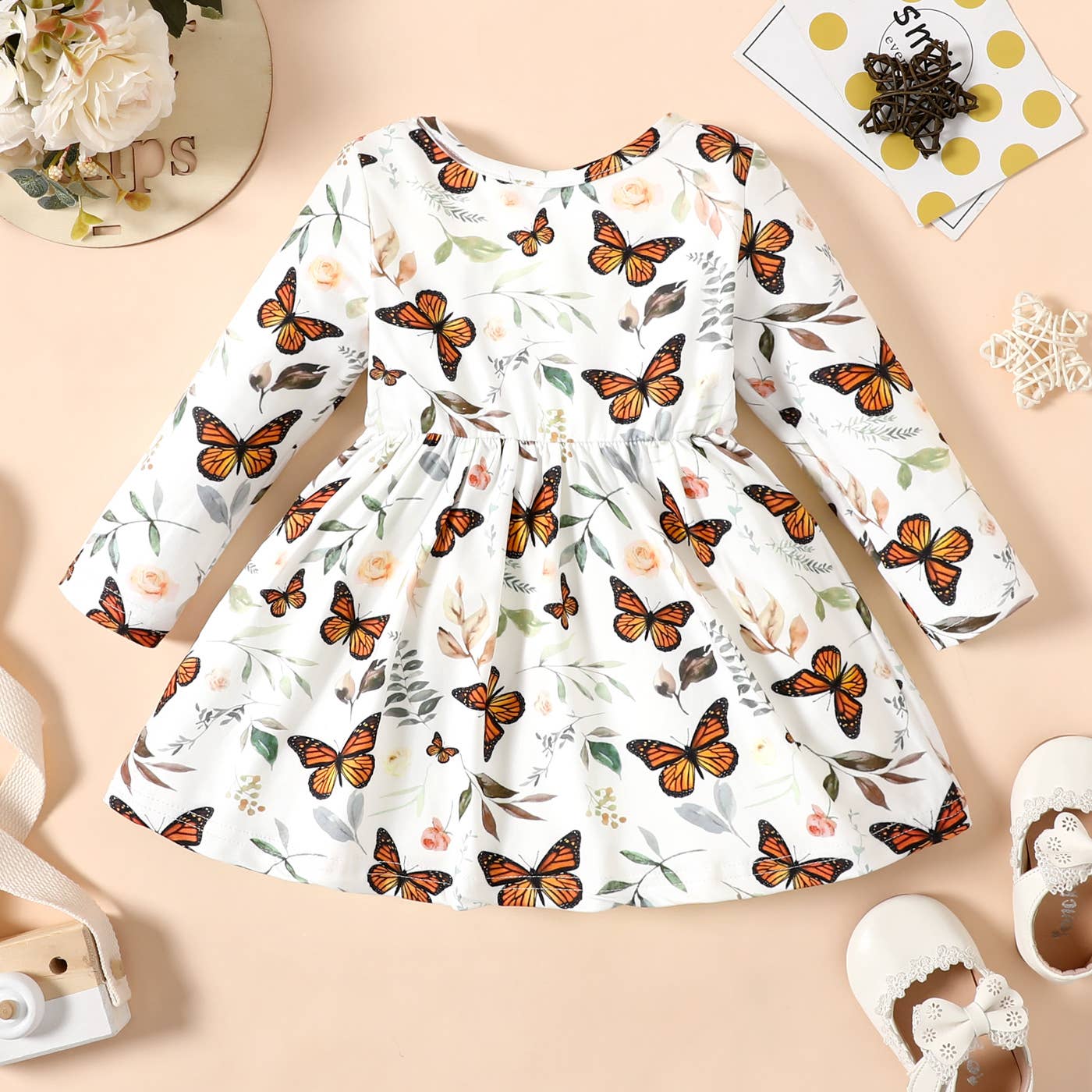 Baby Girl Ribbed BrownWhite Butterfly Long-sleeve Dress - Image 9