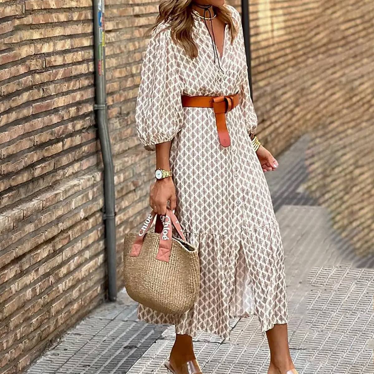 Belt waist print V-neck simple single-breasted long dress