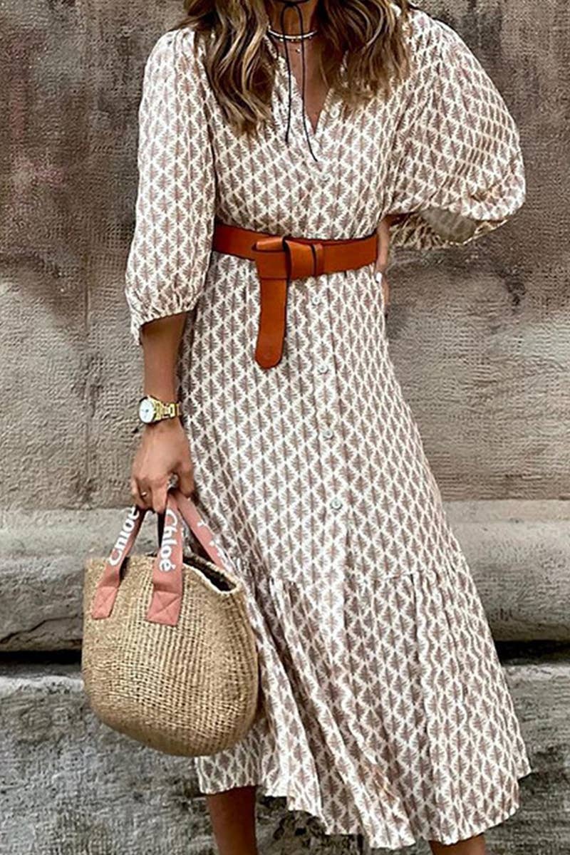 Belt waist print V-neck simple single-breasted long dress - Image 2
