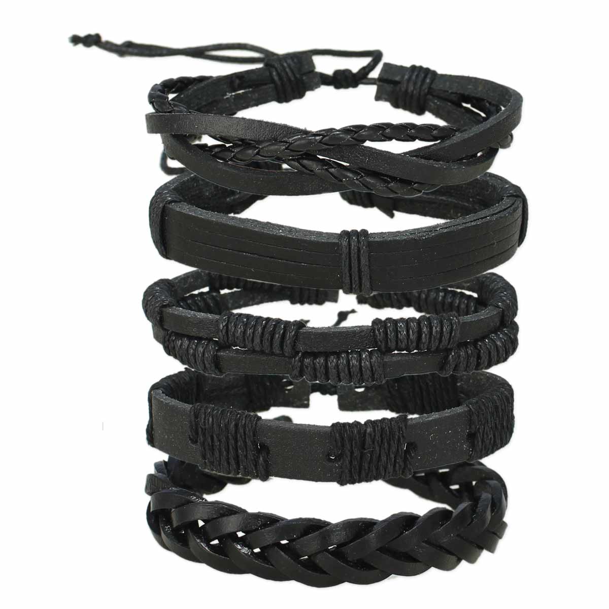 Black Leather Braided Unisex Bracelet Set - Image 2