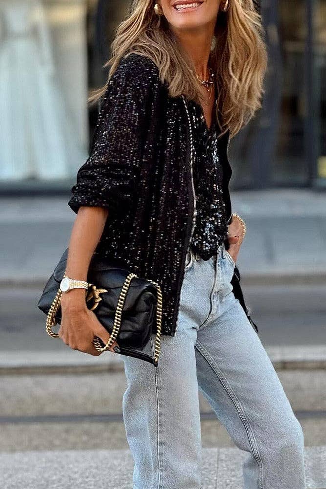 Black Sequin Zip Up Jacket - Image 2