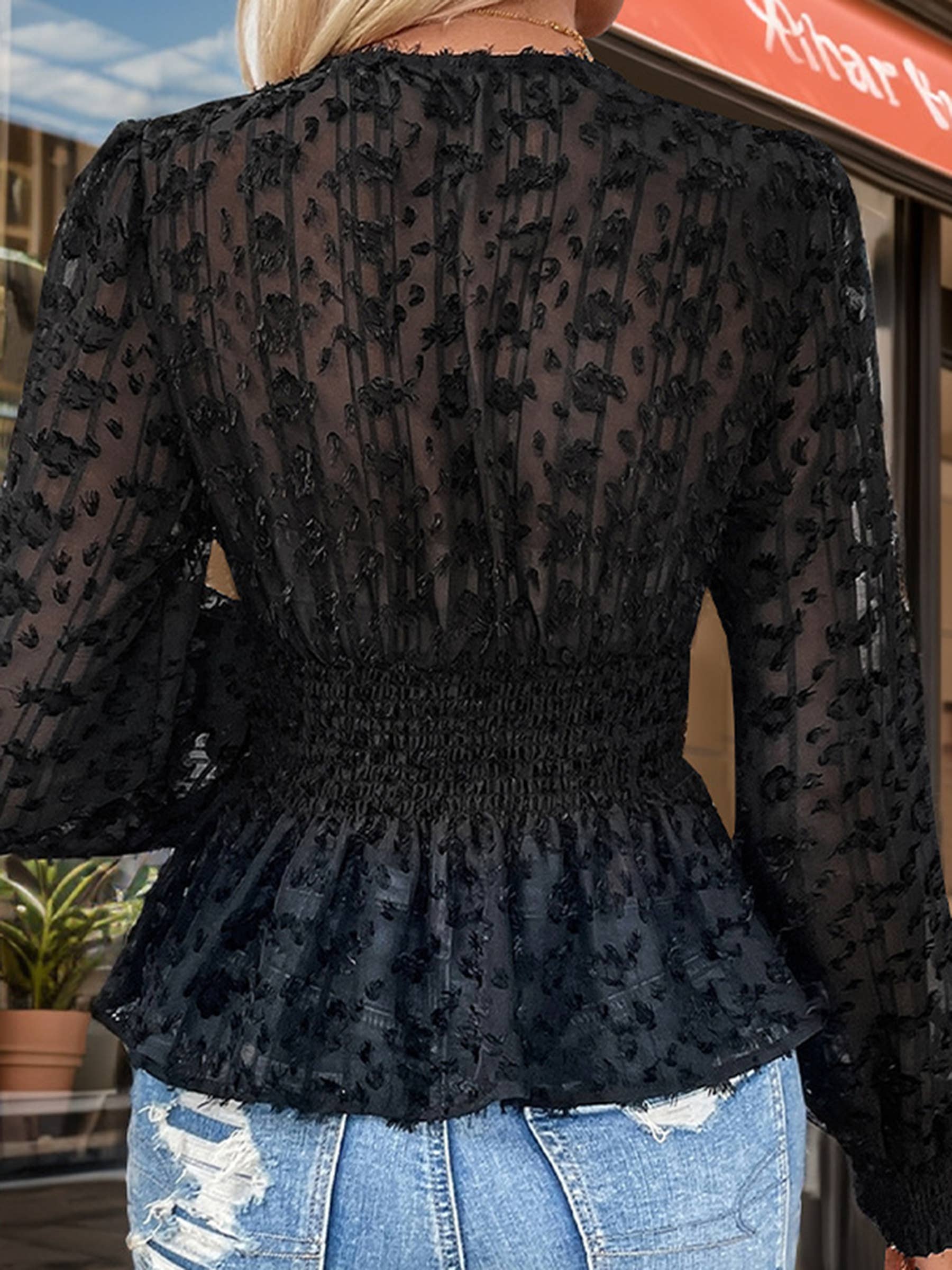 Black V-neck Pullover Long Sleeved Mesh Shirt - Image 3