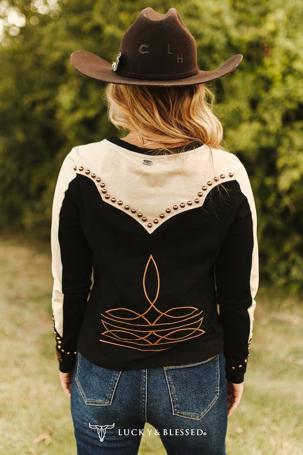 Black Western Beige Contrast Studded Long Sleeve Shirt - Image 2