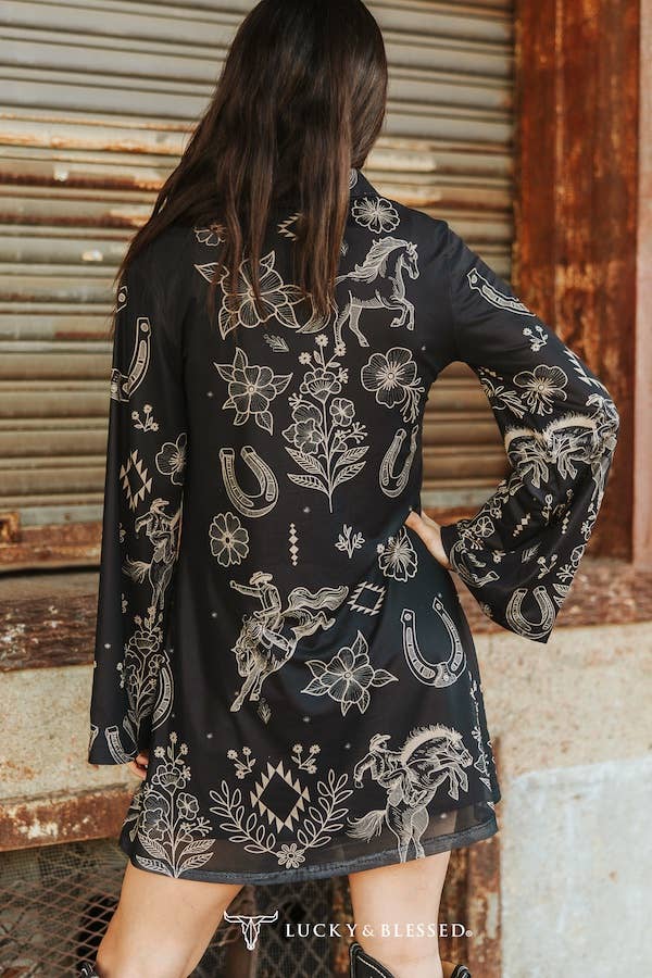 Black Western Floral V Neck Collared Mesh W Lining Dress - Image 2
