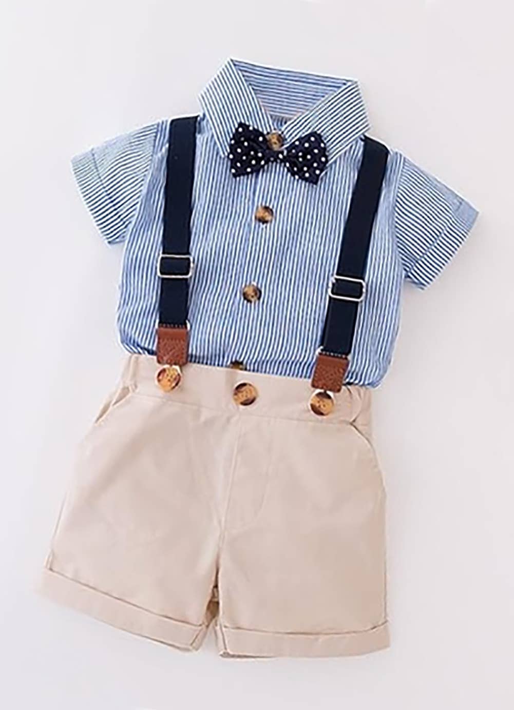 Blue Striped Shirt, Shorts, Suspenders 3-Piece Baby Outfit - Image 2