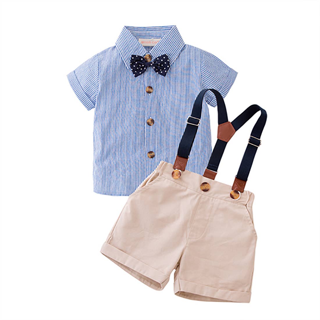 Blue Striped Shirt, Shorts, Suspenders 3-Piece Baby Outfit - Image 3