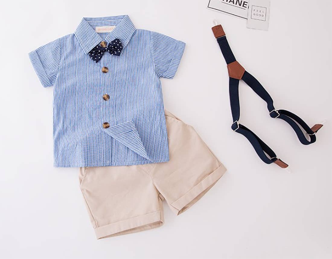 Blue Striped Shirt, Shorts, Suspenders 3-Piece Baby Outfit - Image 4