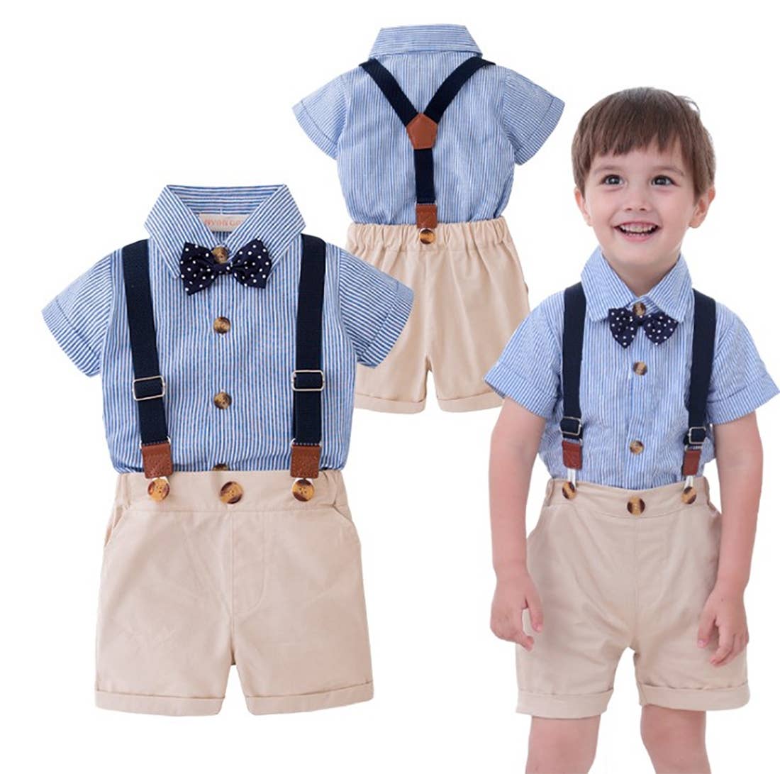 Blue Striped Shirt, Shorts, Suspenders 3-Piece Baby Outfit - Image 5