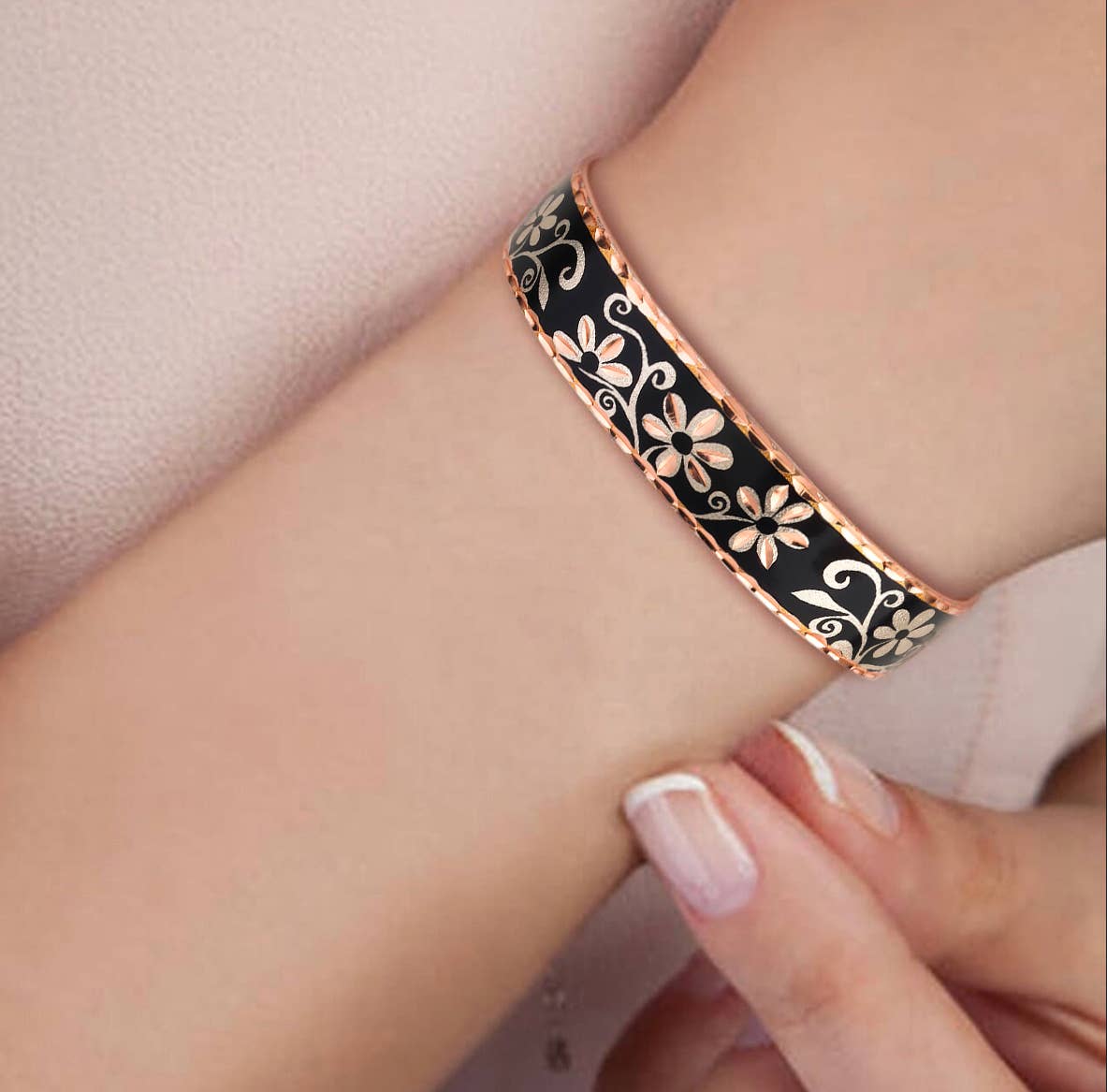 BNS 09 Black flower  Narrow Design Bracelet - Image 2