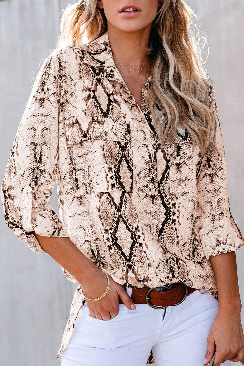 Brown Wild Snake Print Shirt with Pockets