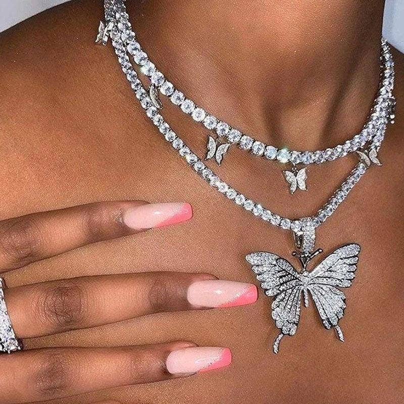 Butterfly Double-layer Rhinestone Pendant Necklace - Image 3