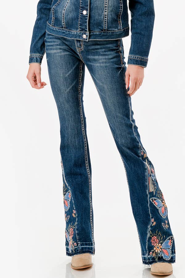 Butterfly Embroidery Mid-Rise Baby Flare | EL-61881