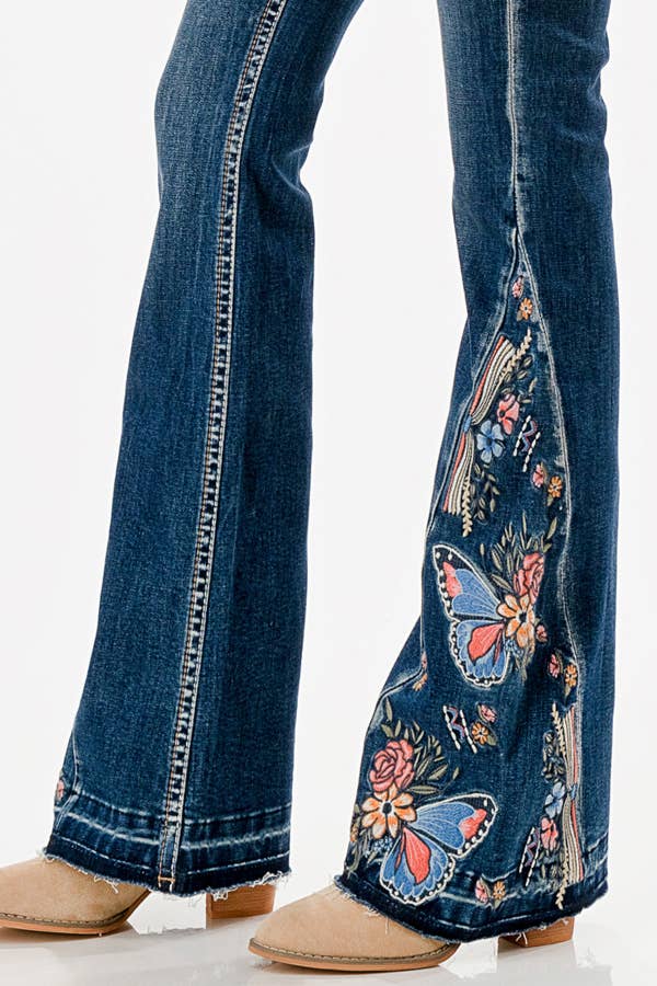 Butterfly Embroidery Mid-Rise Baby Flare | EL-61881 - Image 3