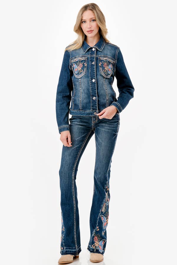 Butterfly Embroidery Mid-Rise Baby Flare | EL-61881 - Image 4