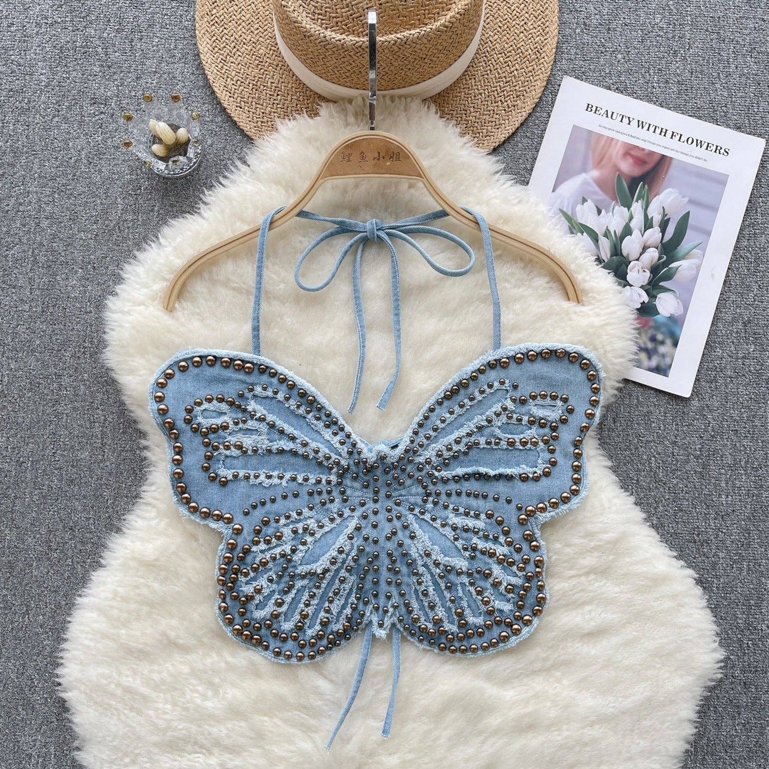 Butterfly Heavy Industry Beads Denim Sling Backless Lace up Halter Top - Image 3