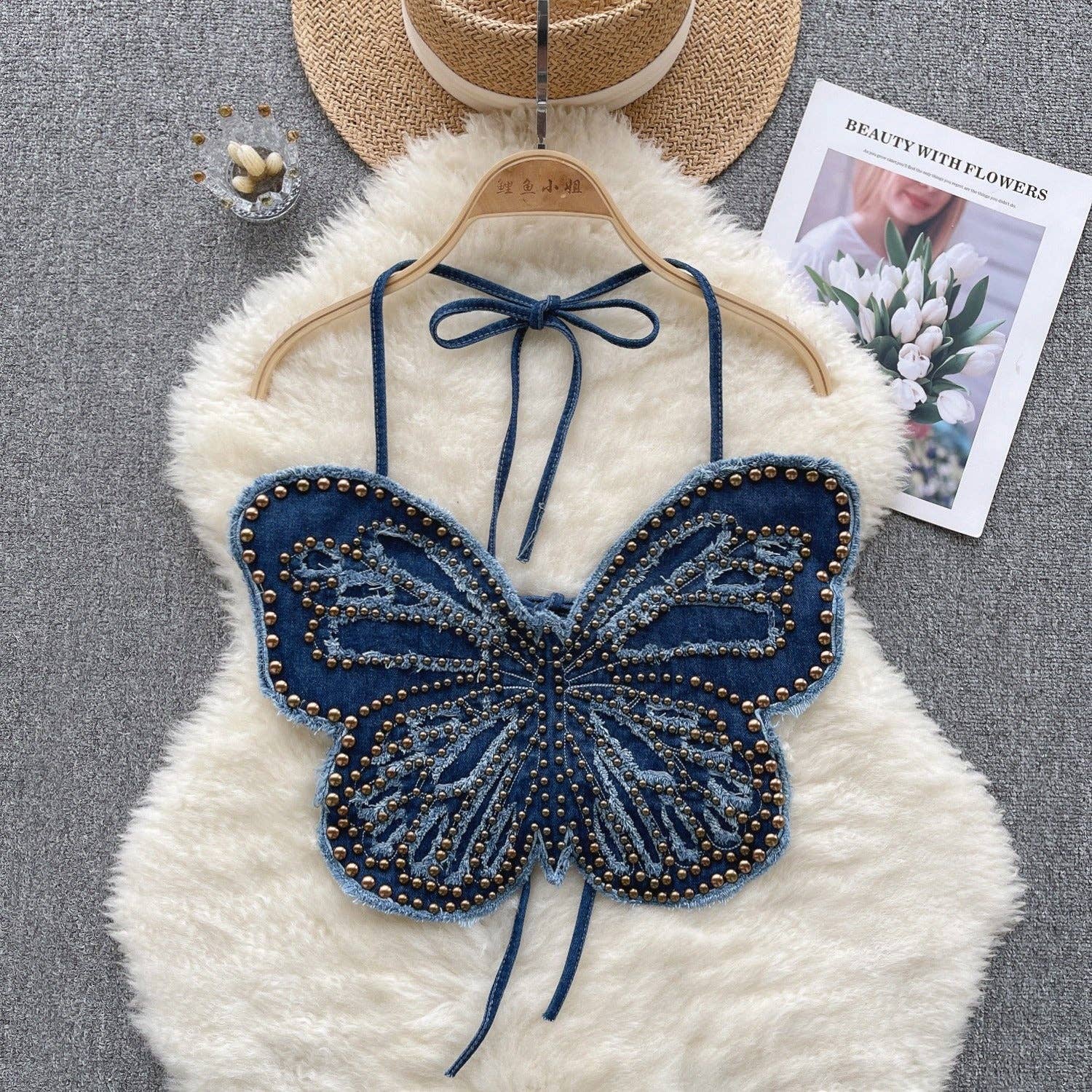 Butterfly Heavy Industry Beads Denim Sling Backless Lace up Halter Top - Image 4