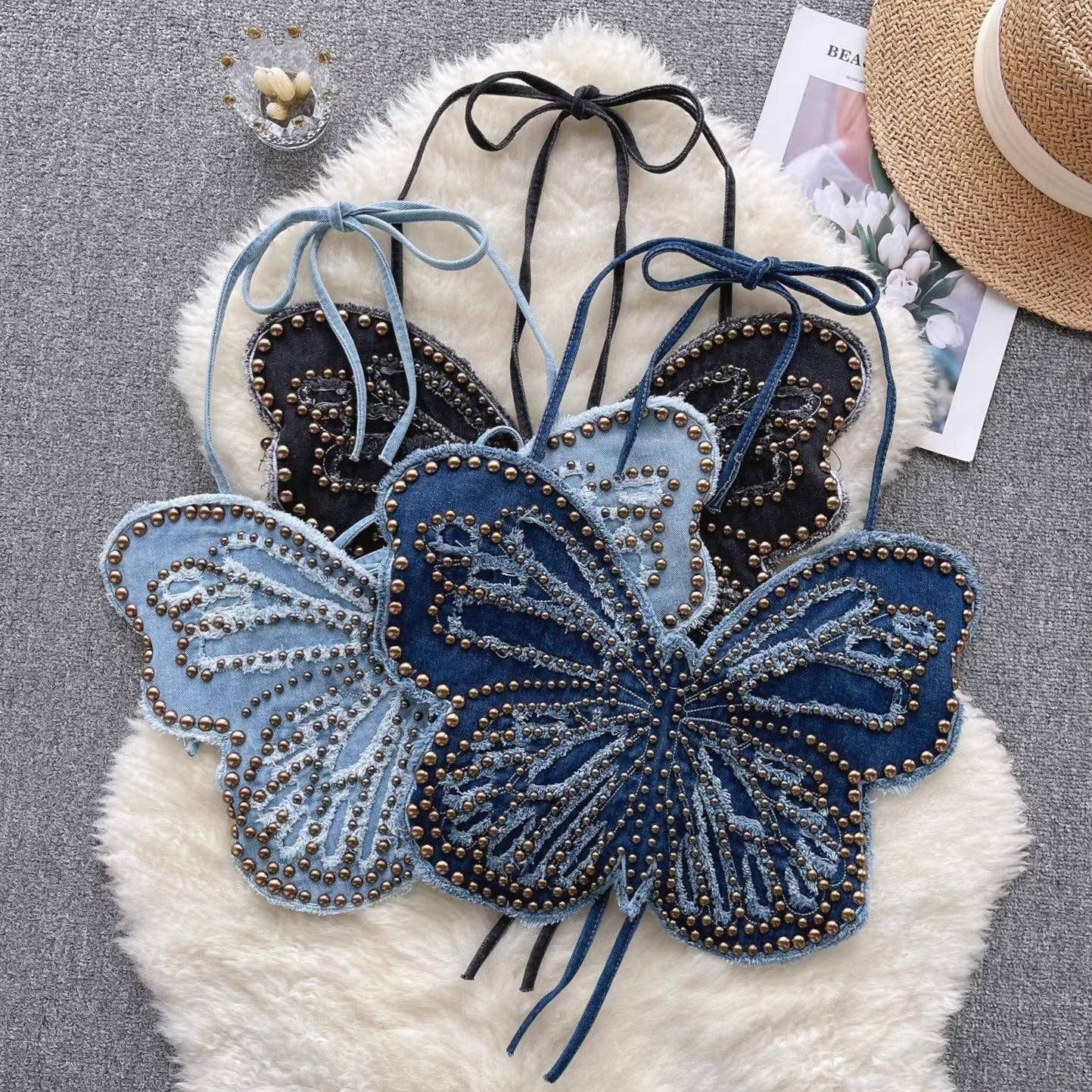 Butterfly Heavy Industry Beads Denim Sling Backless Lace up Halter Top - Image 7
