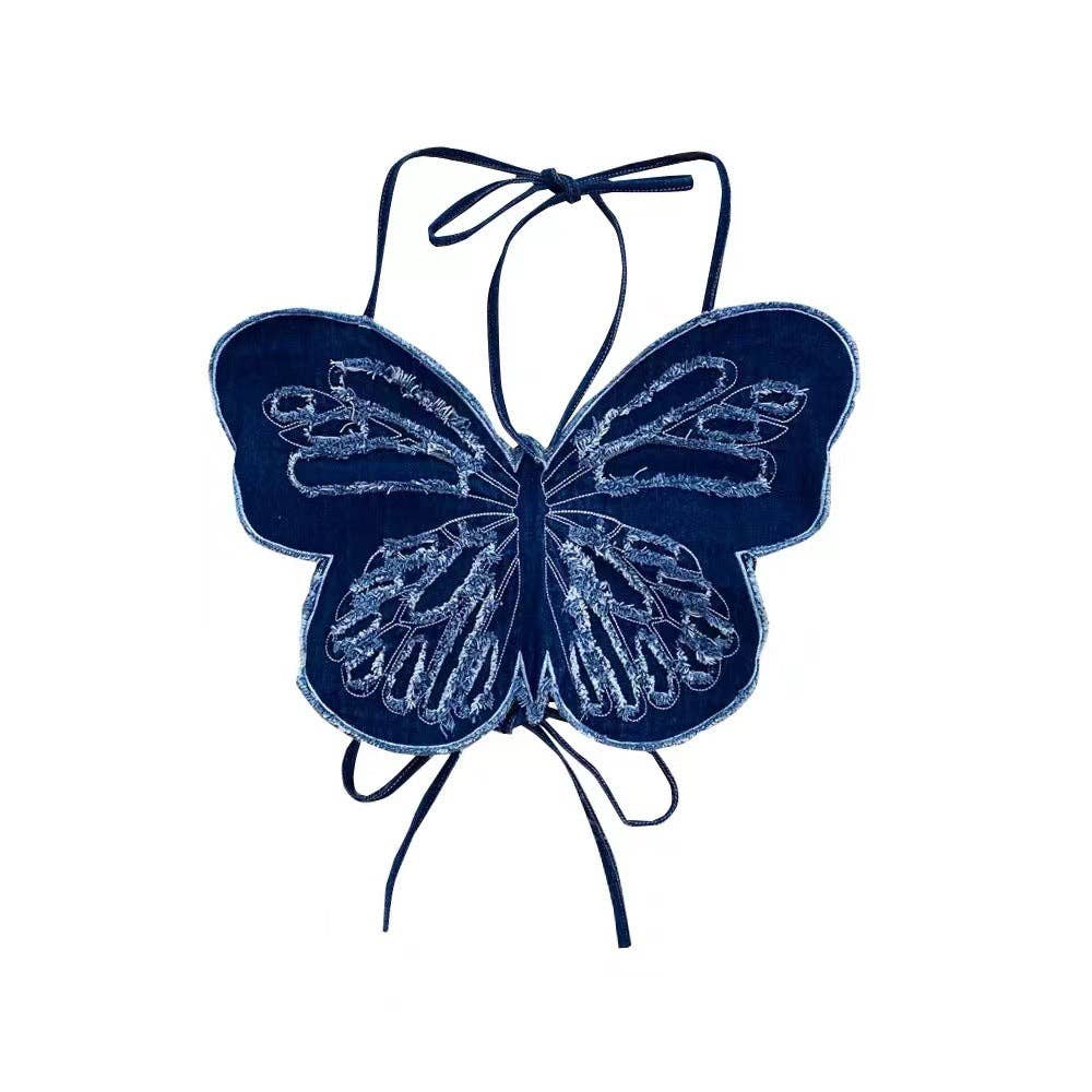 Butterfly Heavy Industry Beads Denim Sling Backless Lace up Halter Top - Image 9