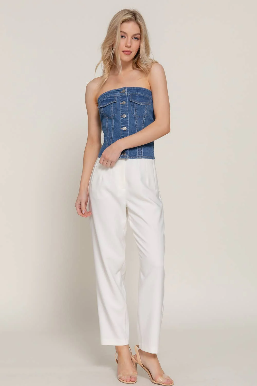 Button Down Placket Stretch Denim Tube Top - Image 2