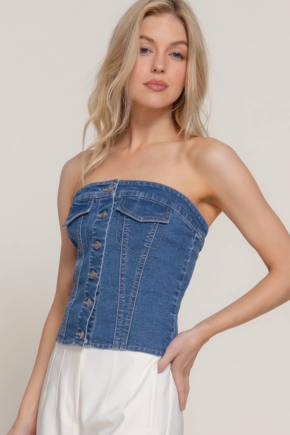 Button Down Placket Stretch Denim Tube Top - Image 3