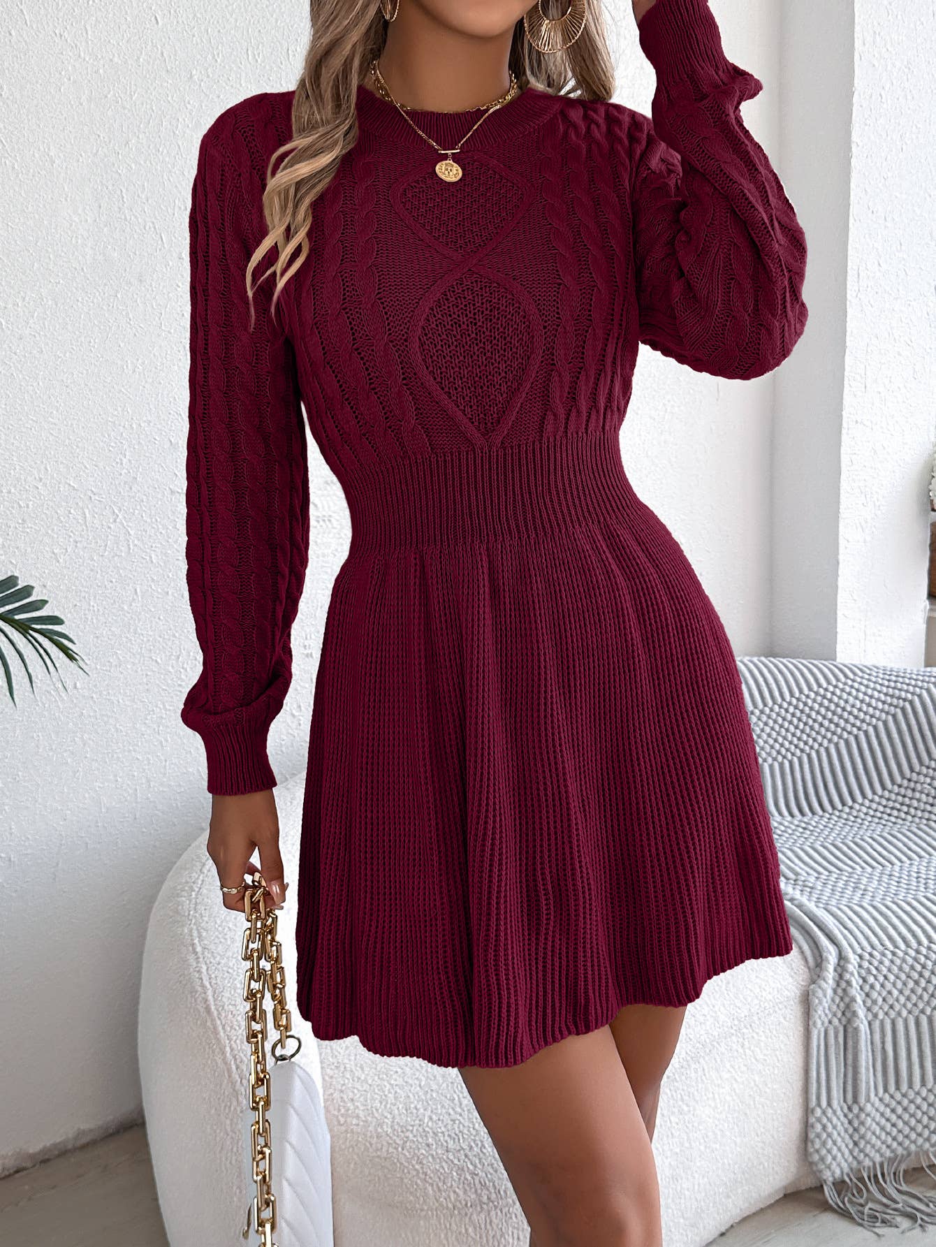 Cable Knit Lantern Sleeve Sweater Dress - Image 6