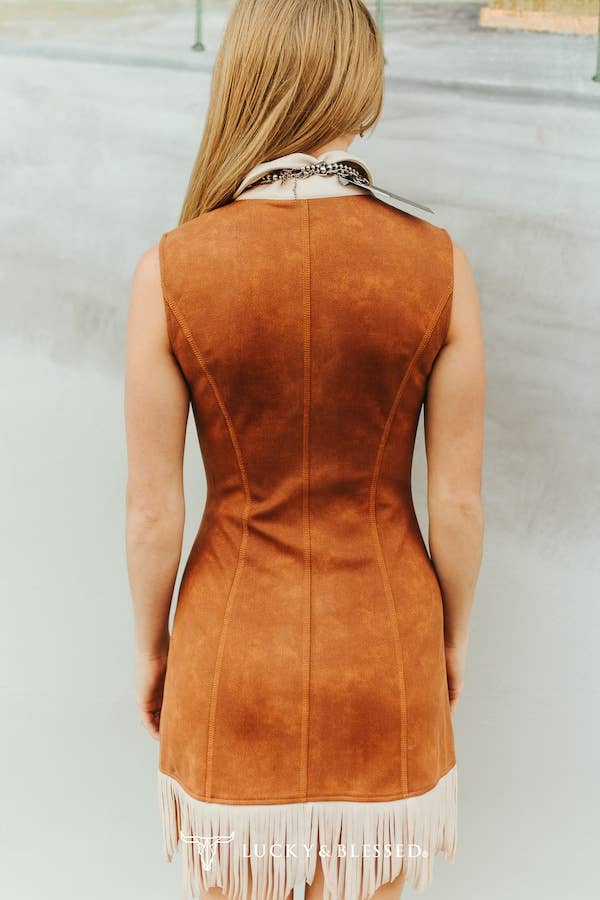 Camel W Cream Suede Sleeveless Fringe Hem Dress - Image 2