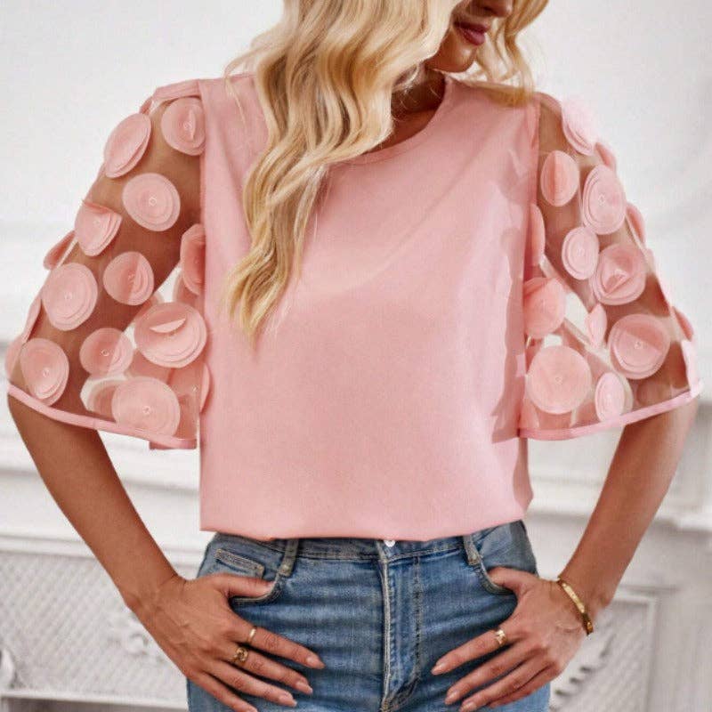 Casual round Neck Cutout Lace Stitching Short Sleeve Top - Image 3